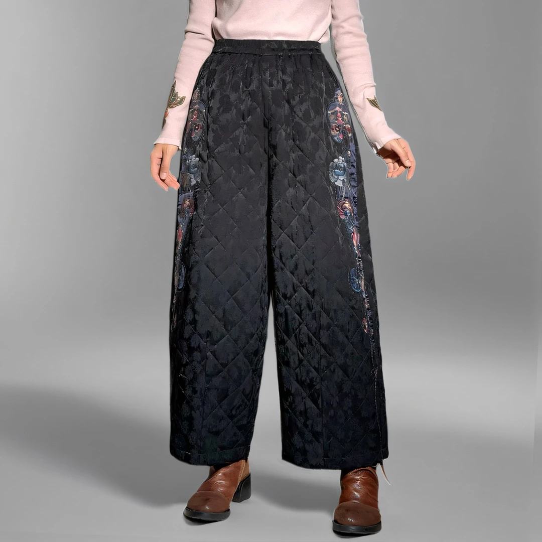 原创新中式复古国风撞色如意花朵贴布刺绣松紧腰夹棉靴裤棉裤女