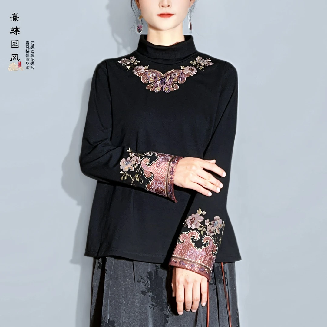 刺绣半高领打底衫女新款秋冬弹力中国风复古文艺休闲宽松长袖t恤