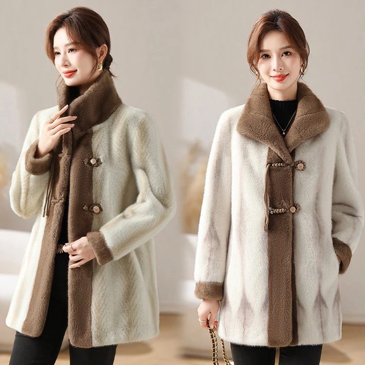 时尚妈妈装冬季中长款皮毛一体大衣中老年女装外套