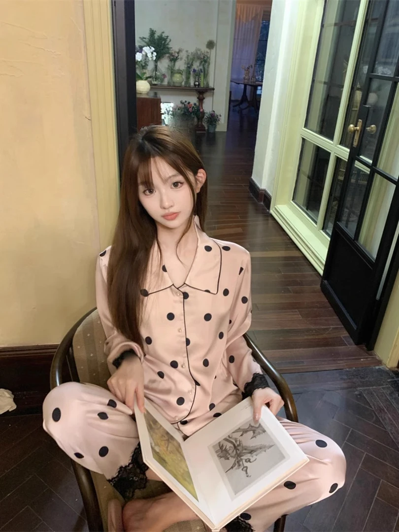 睡衣女2025新款黑粉波点/缎面自由风长袖套装睡衣女长裤两件套