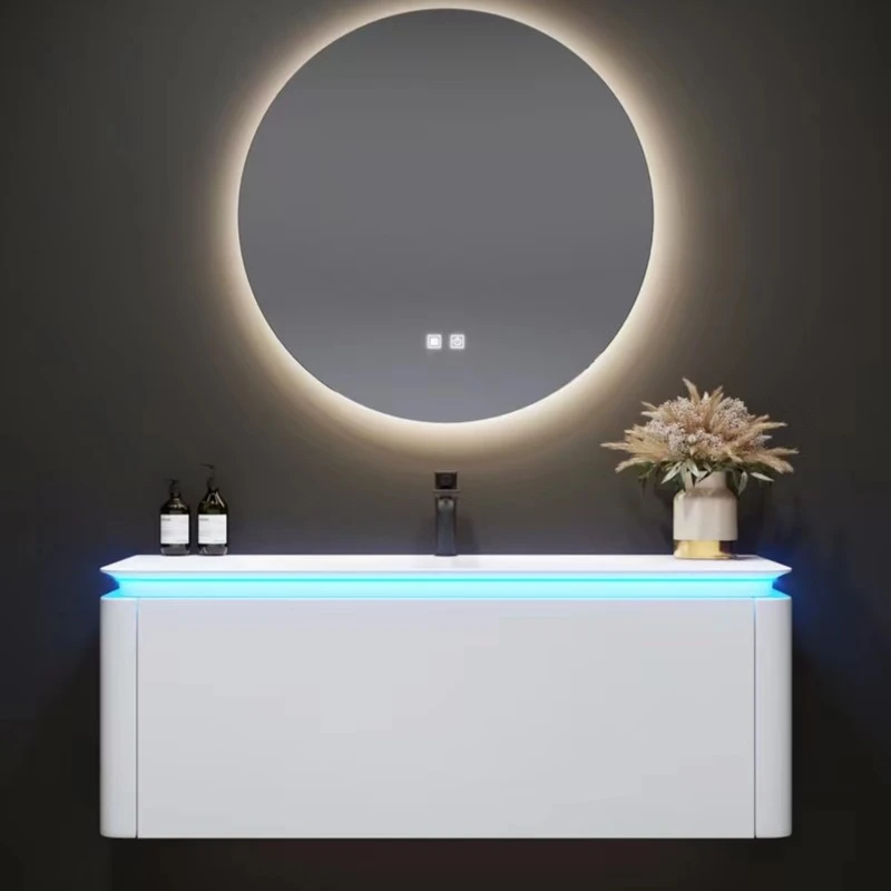 肤感一体盆浴室柜圆角橡木烤漆脸洗手盆柜组合智能圆镜厕所洗漱台