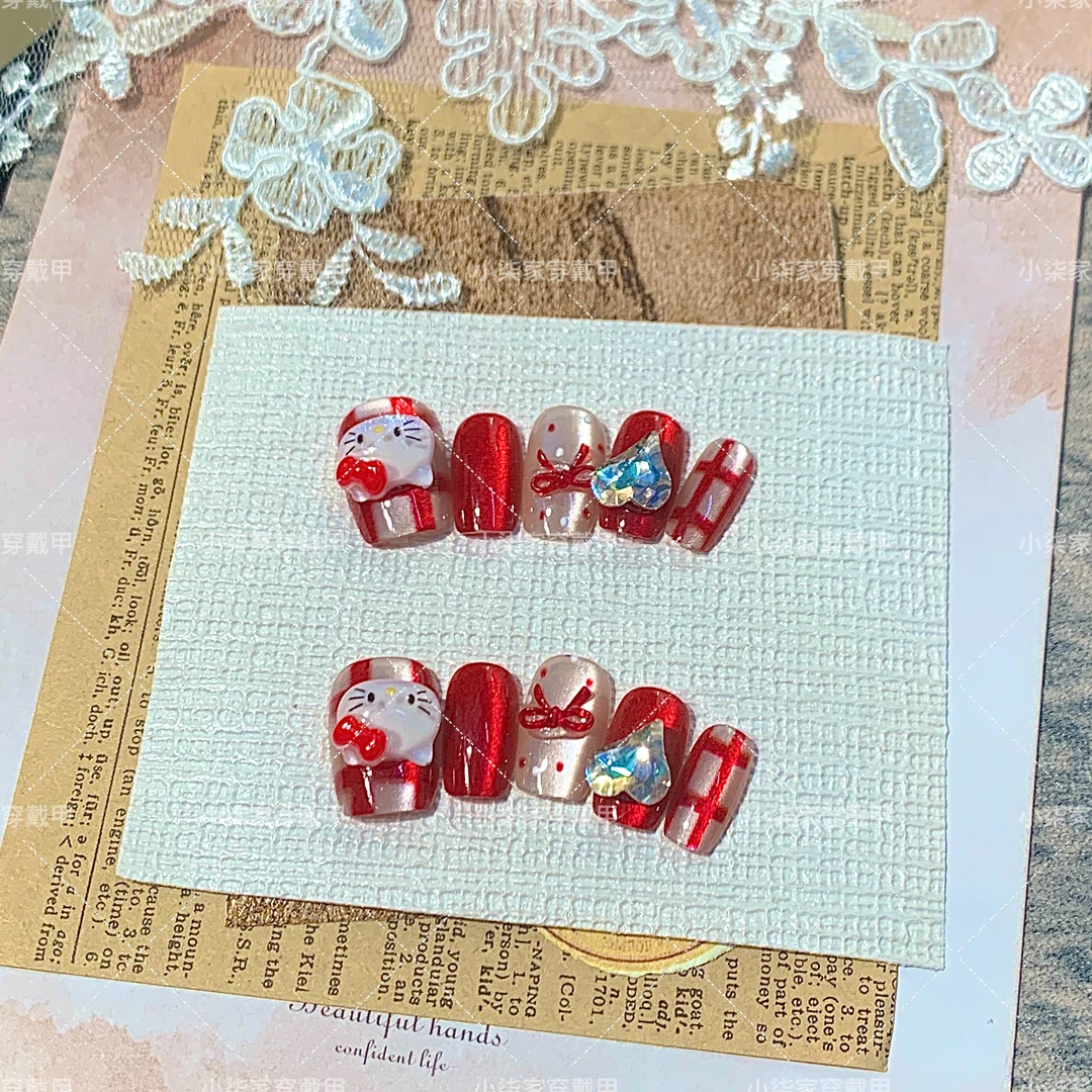 新年美甲穿戴甲心钻KT猫#《小柒家》秋冬新款半手工穿戴甲