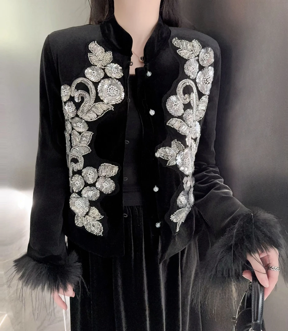 【璀璨外套系列款】冬季新款！黑丝绒高级感重工钉珠复古气质外套