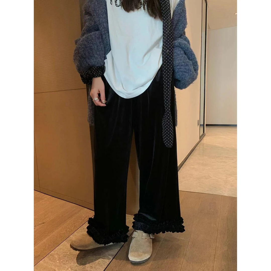 （花朵裤）金丝绒阔腿裤女秋冬设计感木耳边花边裤子直筒宽松长裤