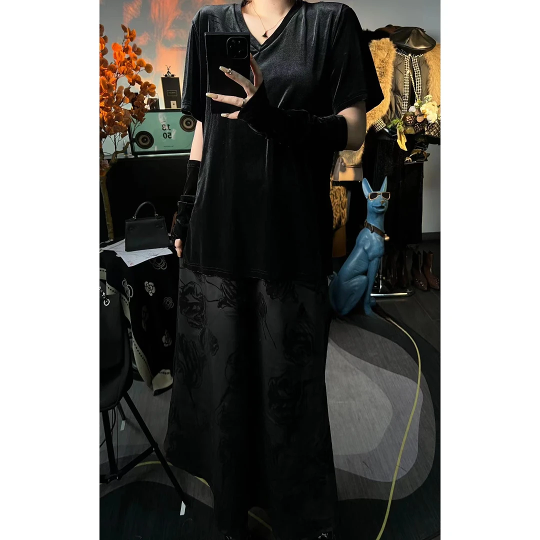 （暗夜玫瑰）82127丝绒袖套上衣+植绒鱼尾裙套装胖mm有码高级感套