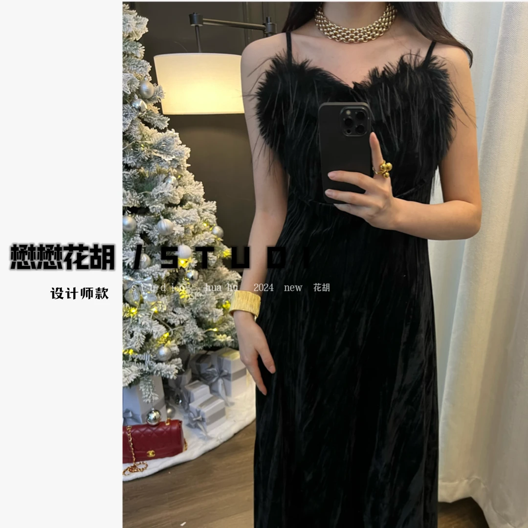 【人间小妲己】设计师款定制丝绒拼接气质显瘦连衣裙 秋冬new