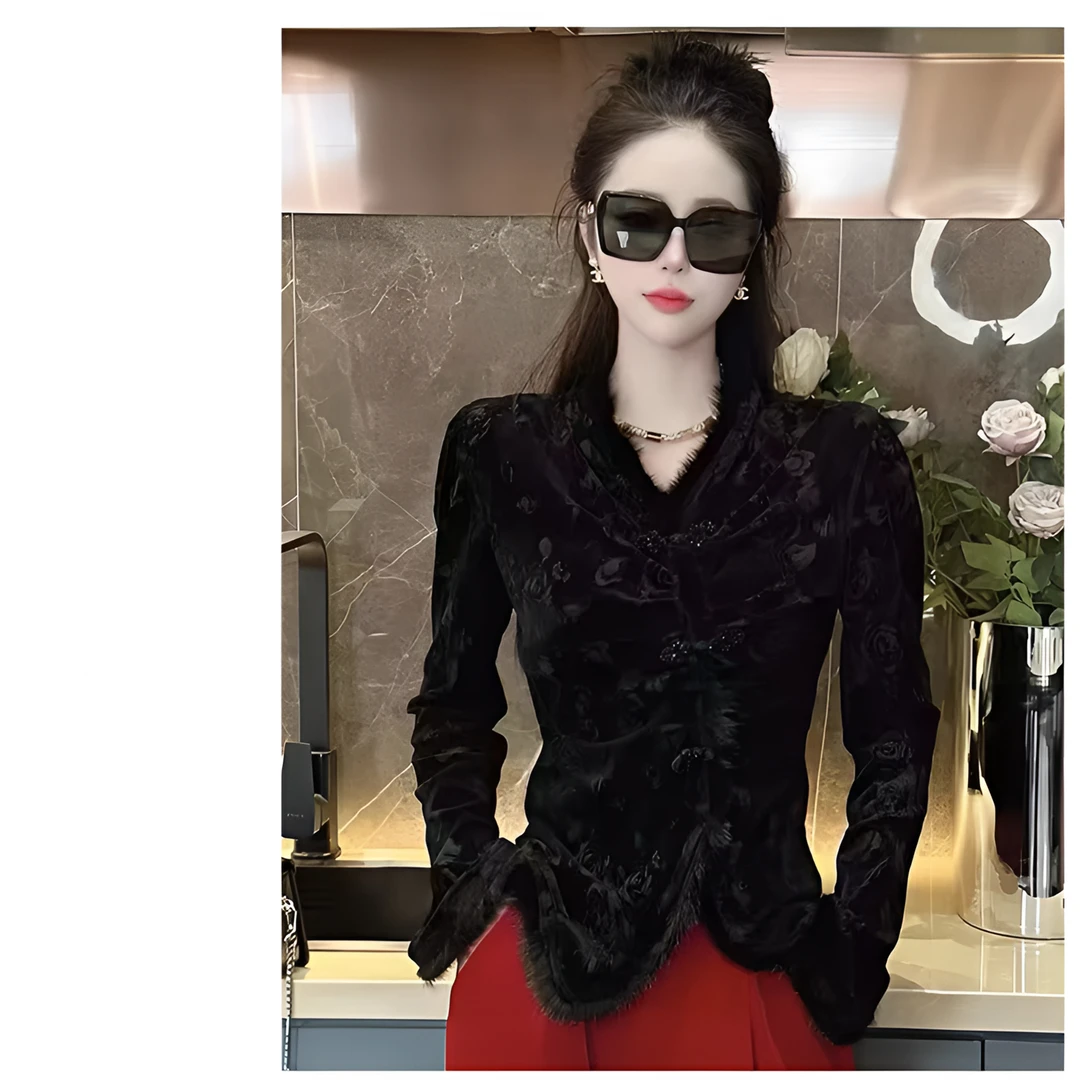 【富太】新中式时尚洋气毛毛拼接v领长袖丝绒秋季新款个性上衣5210