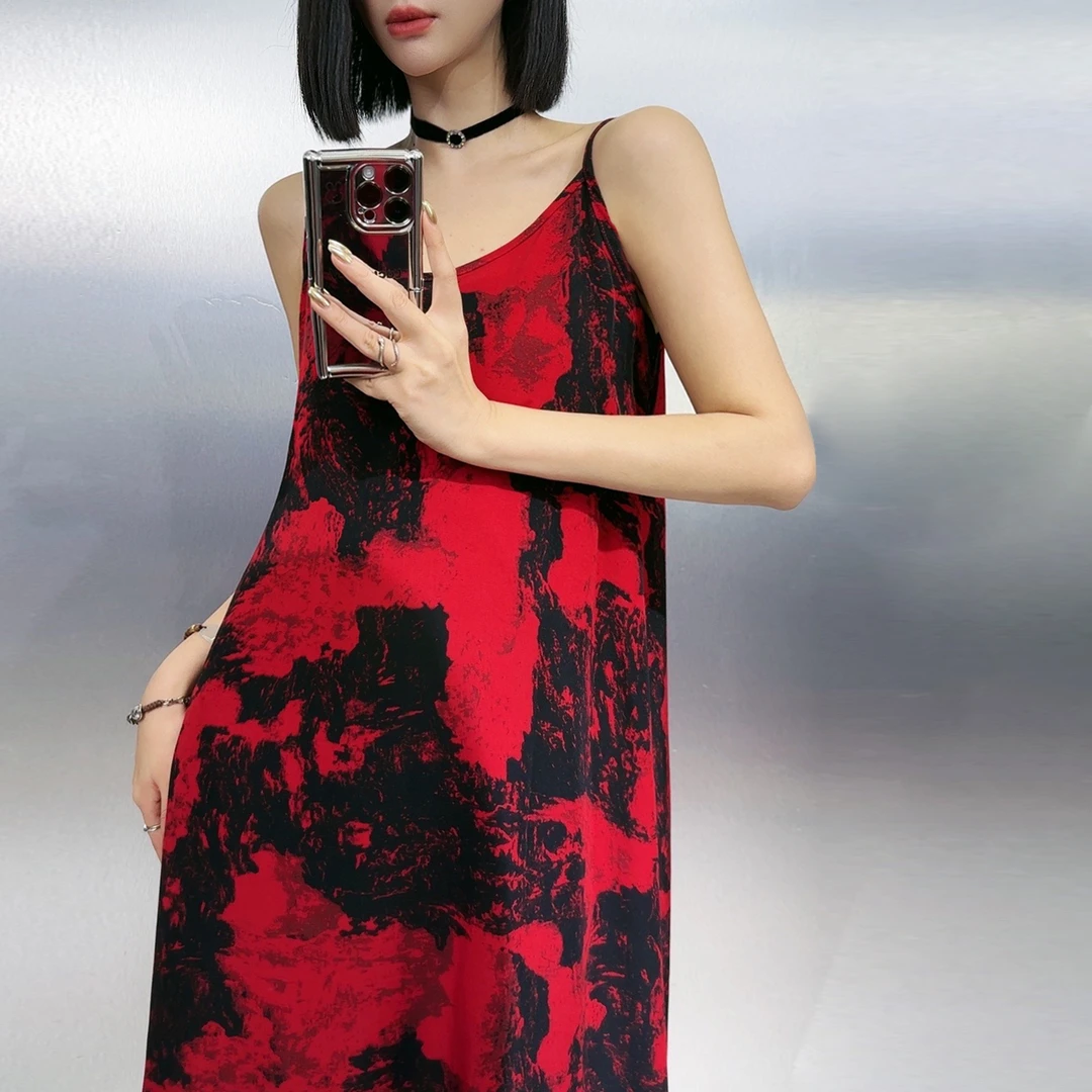 【幽香吊带裙】82159红山水宽松连衣裙气质时尚百搭国风印花中长款