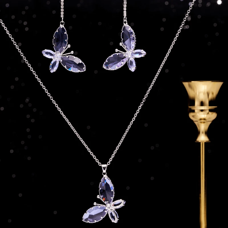 铜合金耳饰 简约长款紫色蝴蝶轻奢时尚百搭耳环水晶耳坠彩色