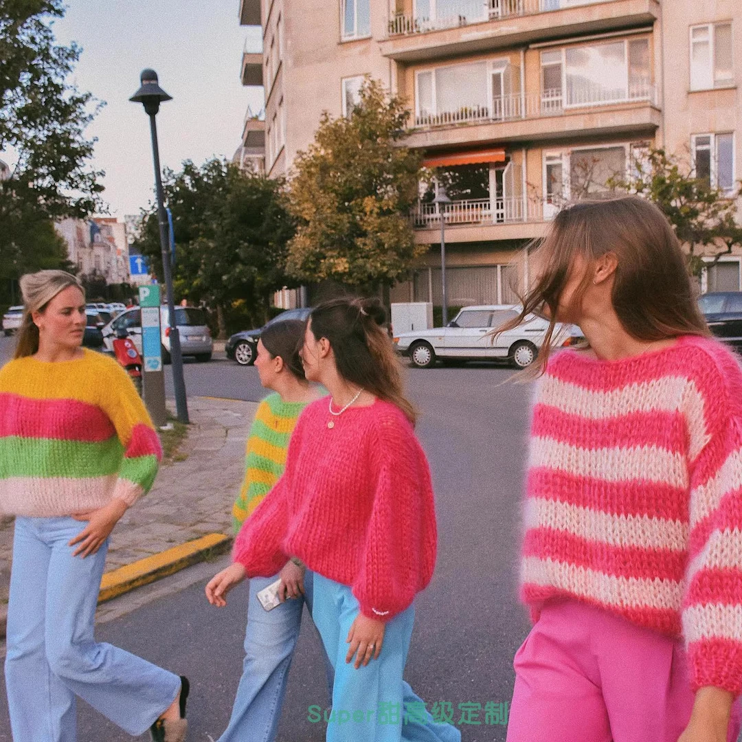 2024春装新品一字领条纹套头百搭柔软马海毛毛衣宽松灯笼袖针织衫