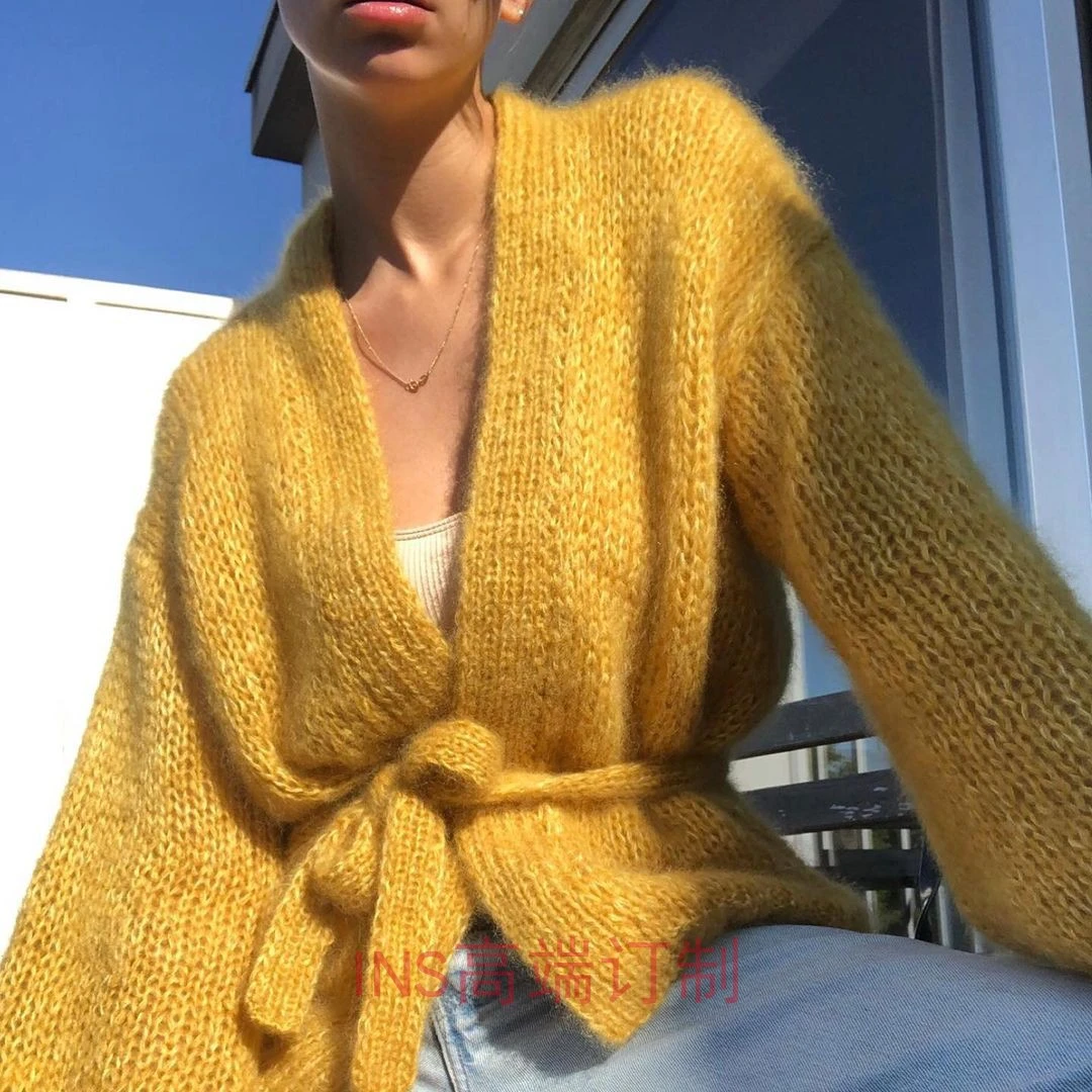 2023秋装新款马海毛毛衣外套系带软软慵懒风百搭温柔针织开衫女士