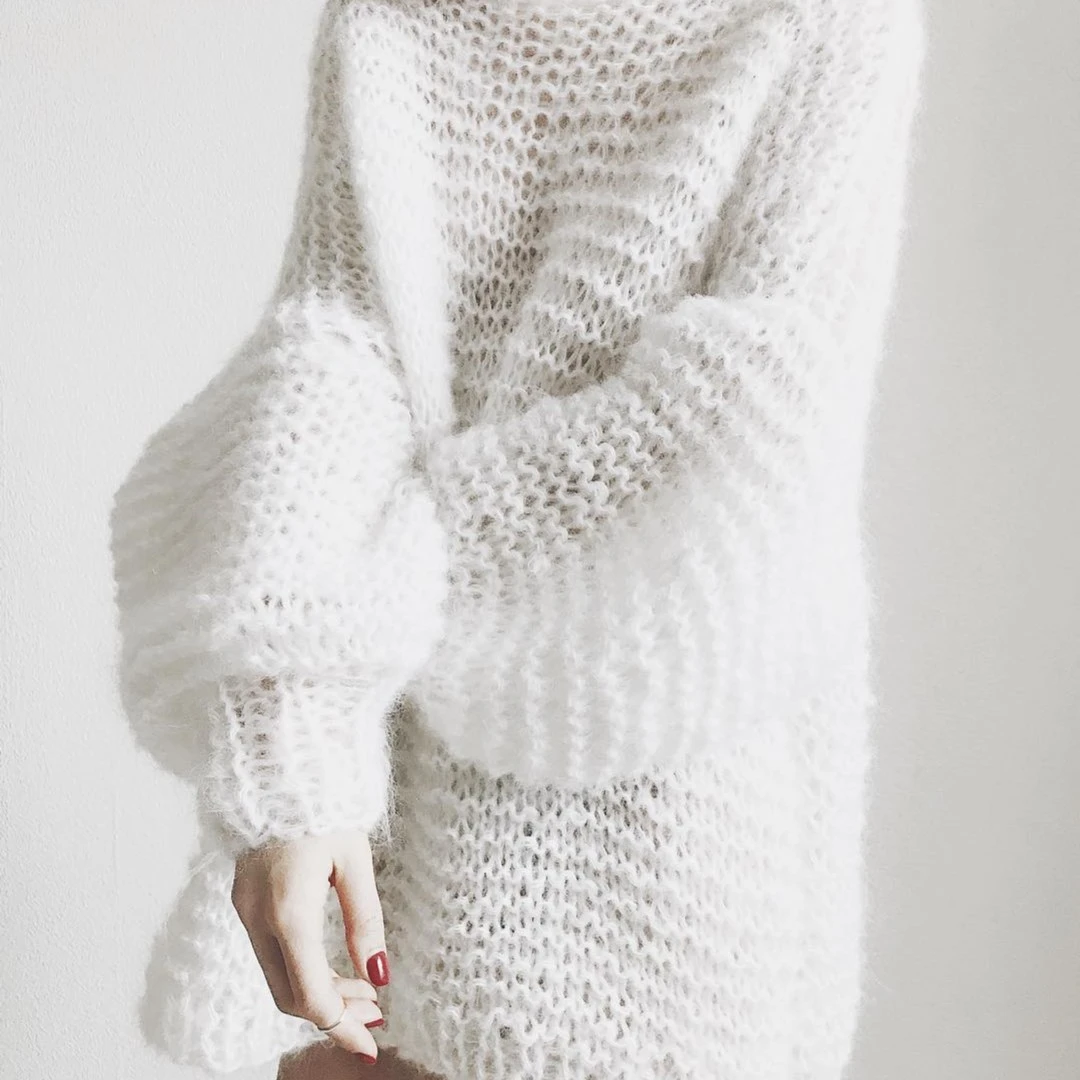 网红同款一字领宽松慵懒马海毛毛衣针织衫女灯笼袖纯手工套头衫