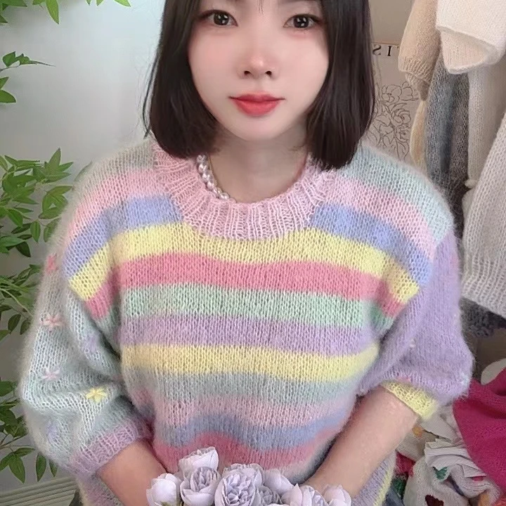 2025夏装新款女士百搭洋气短袖圆领绣花针织毛衣套头女上衣手织