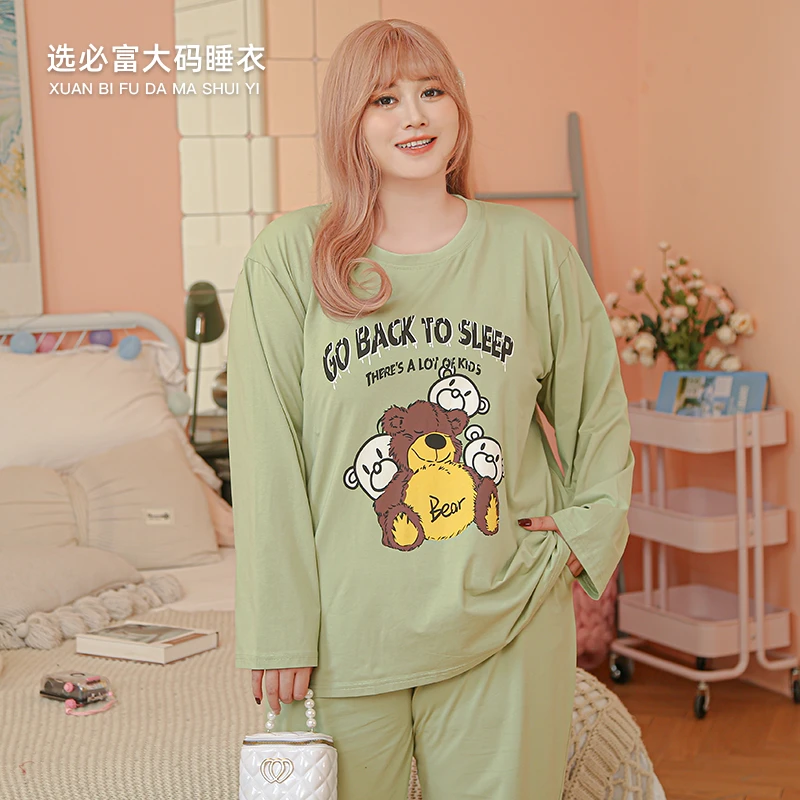 高档韩版胖mm女200斤学生卡通套头纯棉加肥加大春秋长袖大码睡衣