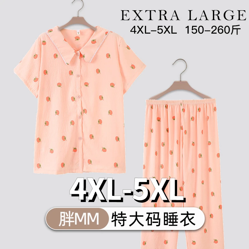 短袖长裤胖mm特大码睡衣200斤女士夏季卡通轻薄泡泡绉宽松家居服