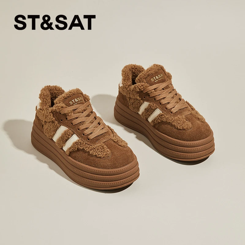 星期六加绒保暖德训鞋女2025冬季新款毛毛鞋时尚复古厚底休闲板鞋