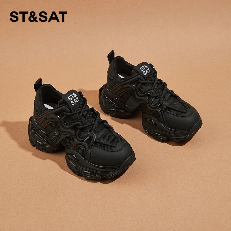 星期六厚底老爹鞋女2025夏季新款透气黑色休闲鞋增高显瘦运动鞋女