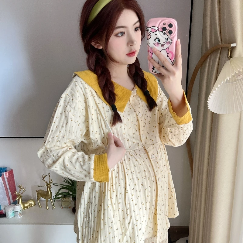 哺乳月子服春秋新款孕妇睡衣女家居服套装喂奶棉产妇加大码隐藏
