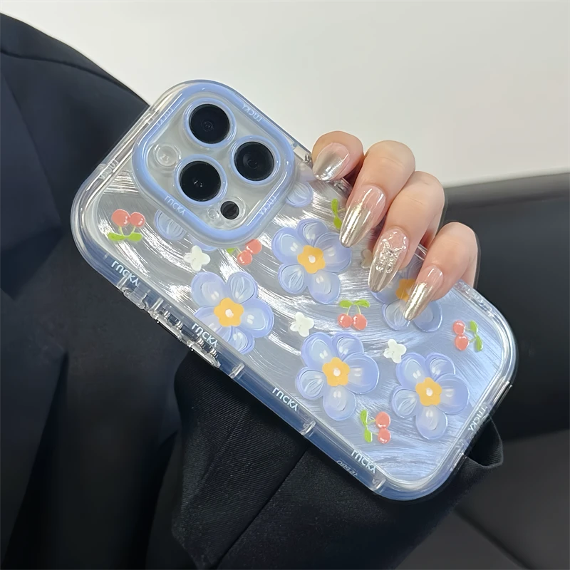 适用于苹果15PROMAX华为PURA70红米K70蓝色花朵ins防摔手机壳