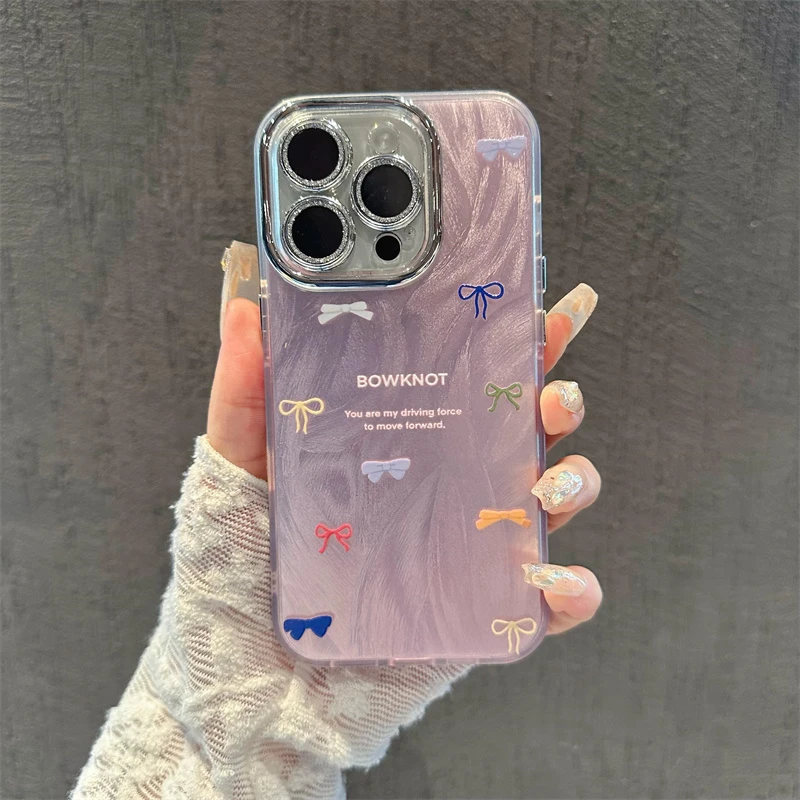 适用于苹果15PROMAX华为PURA70红米K70紫底彩色蝴蝶结新款手机壳