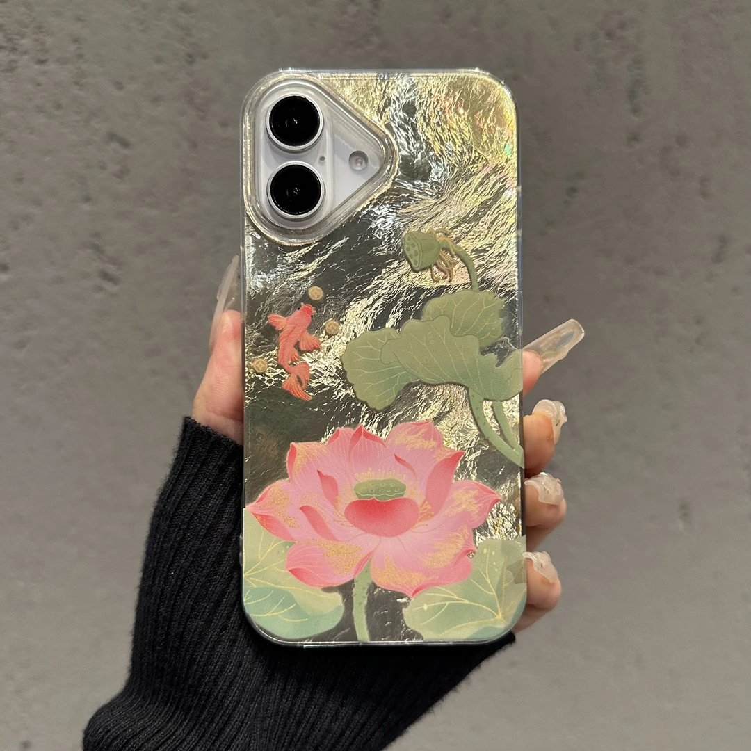 适用苹果16PROMAX华为MATE60创意红米K70高级金鱼荷花漩涡手机壳