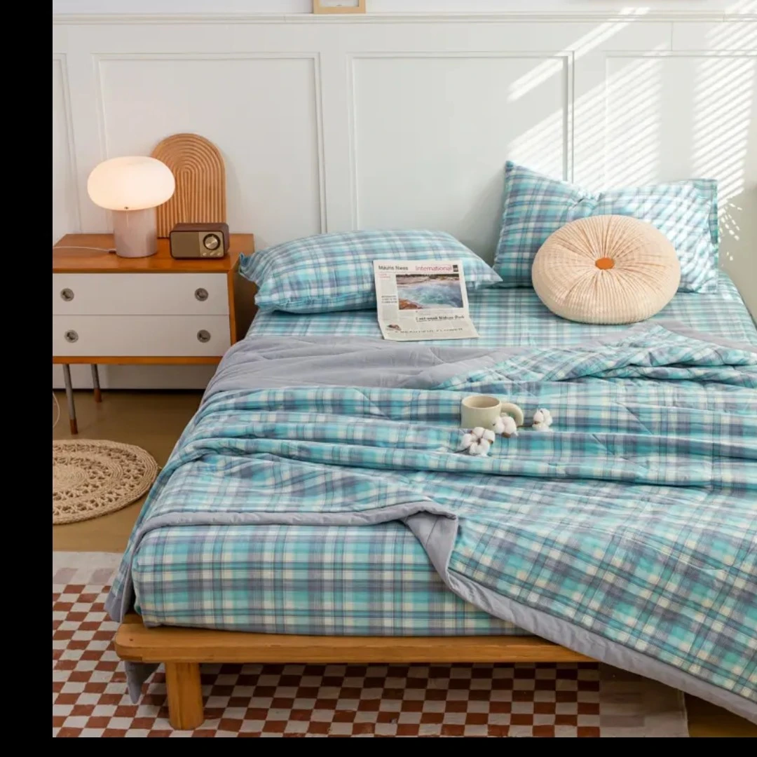 夏被 格子可机洗棉花被子全棉柔软亲肤色织水洗棉棉花被薄款简约