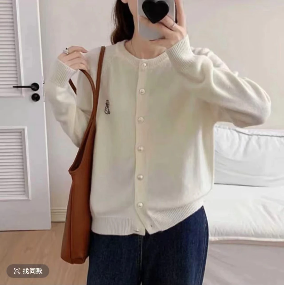 米朵 银扣刺绣韩版圆领针织开衫长袖毛衣外套