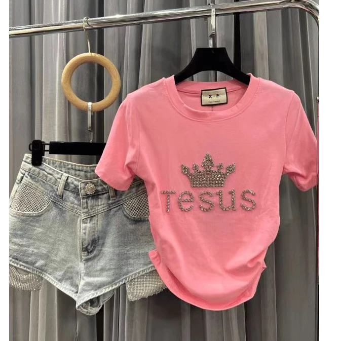 2024   精选夏季重工钉钻时尚修身辣妹粉色上衣短袖T恤