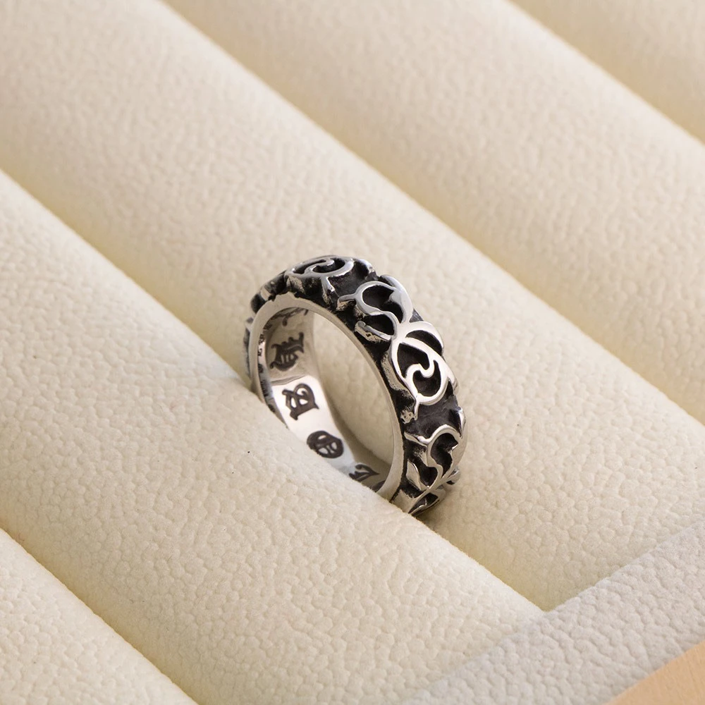 钛钢戒指 欧美风做旧古典花纹个性复古藤蔓戒指百搭时尚