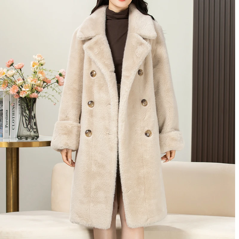 卡仙尼24新款貂绒纯色翻领长款秋冬百搭款妈妈装2402