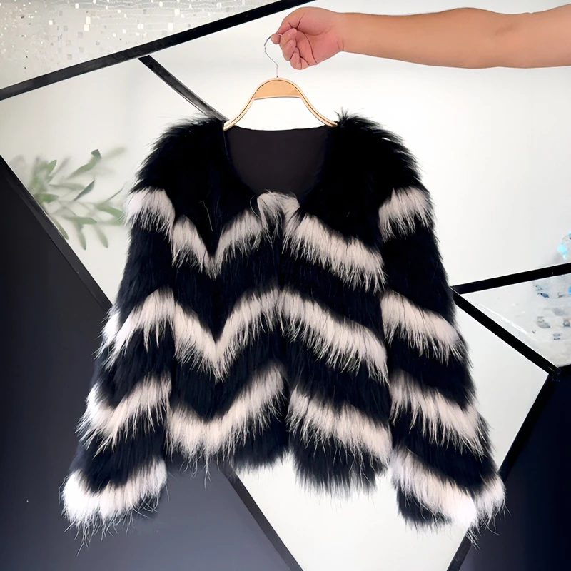 蒋小果24001貉子毛皮草外套女短款2025秋冬新款波纹拼色条纹海宁