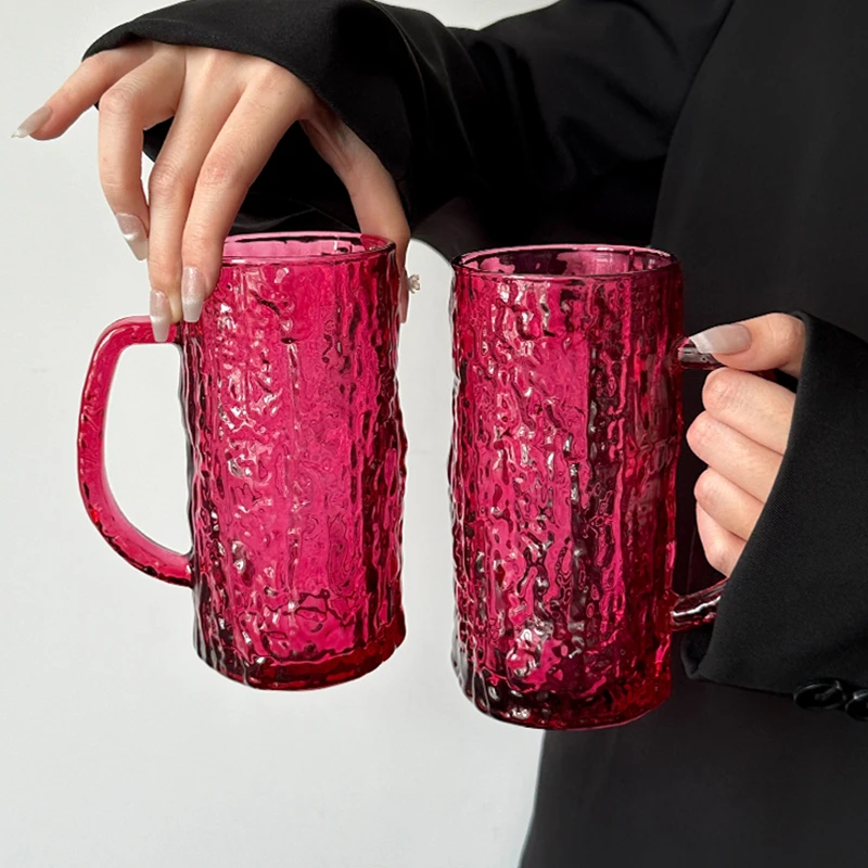 ins风红色带把冰川玻璃杯炙火红家用饮料杯咖啡杯冷饮杯喝水杯子