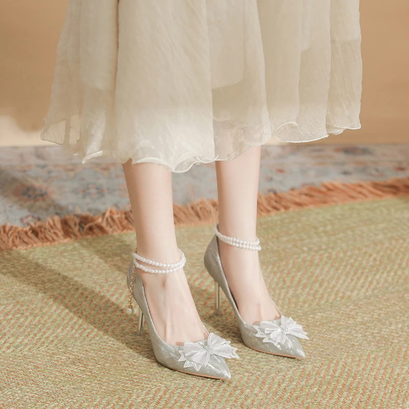法式婚纱女鞋42胖脚肥加宽大码41一43小码31 32 33珍珠带高跟婚鞋