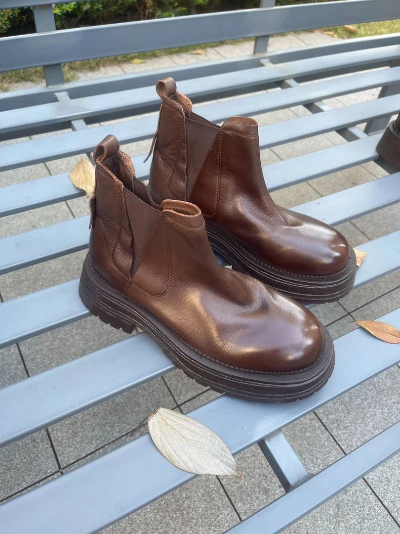 3131-6水洗真皮时尚百搭厚底简约粗跟潮流女靴短靴