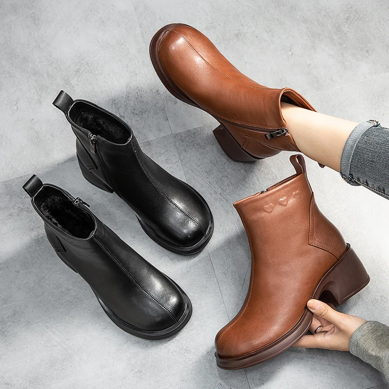 秋冬真皮短靴女靴粗跟皮靴中老年手工复古单靴中跟靴子单款
