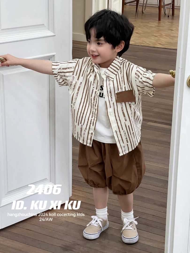 纯棉2024夏季爆款男童儿童韩版百搭洋气条纹衬衫短袖三件套