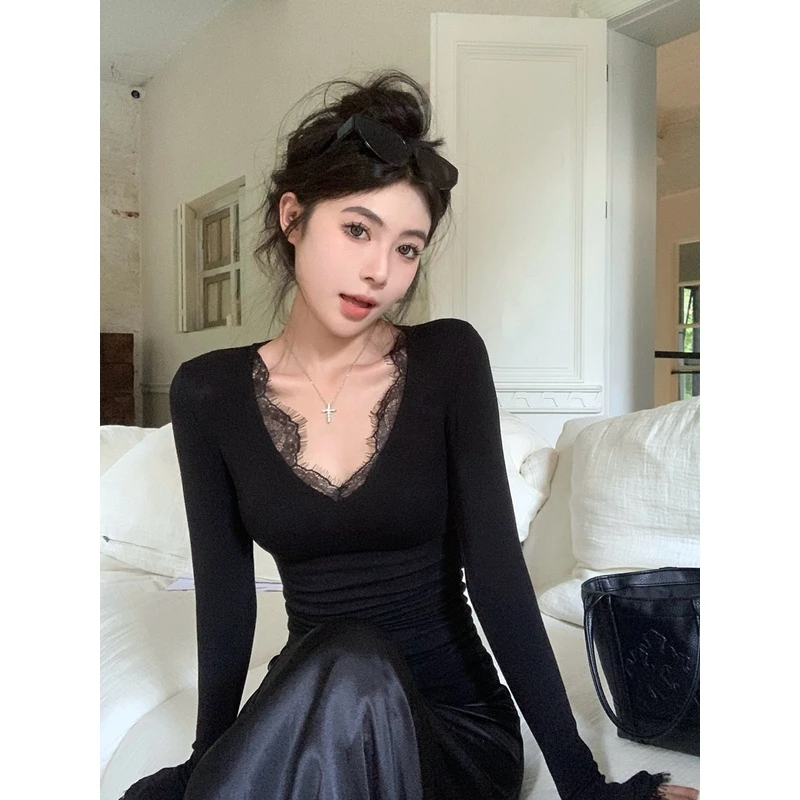 【加绒加厚】2024冬季新款纯欲性感女神内搭打底衫蕾丝花边上衣712