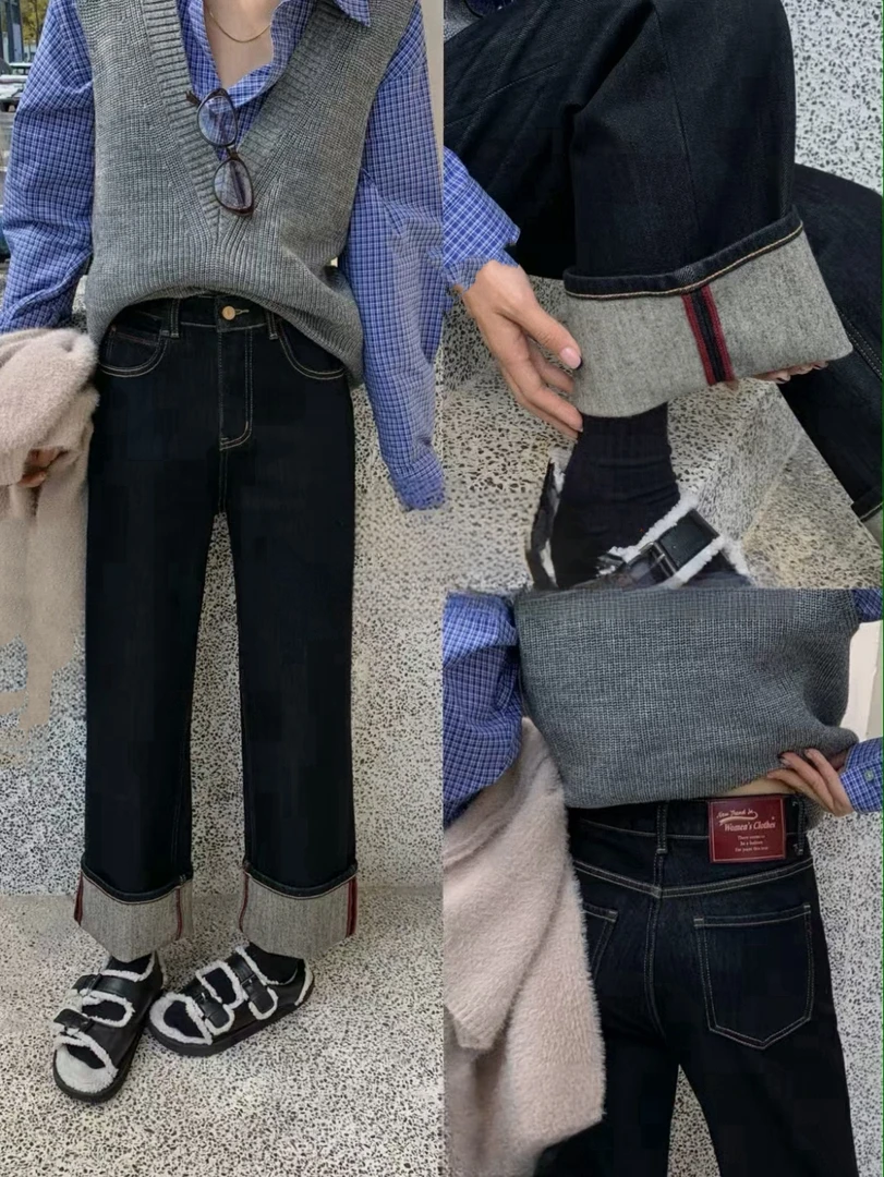 M.duo【25389】2024冬季时尚百搭复古阔腿显瘦九分直筒牛仔裤