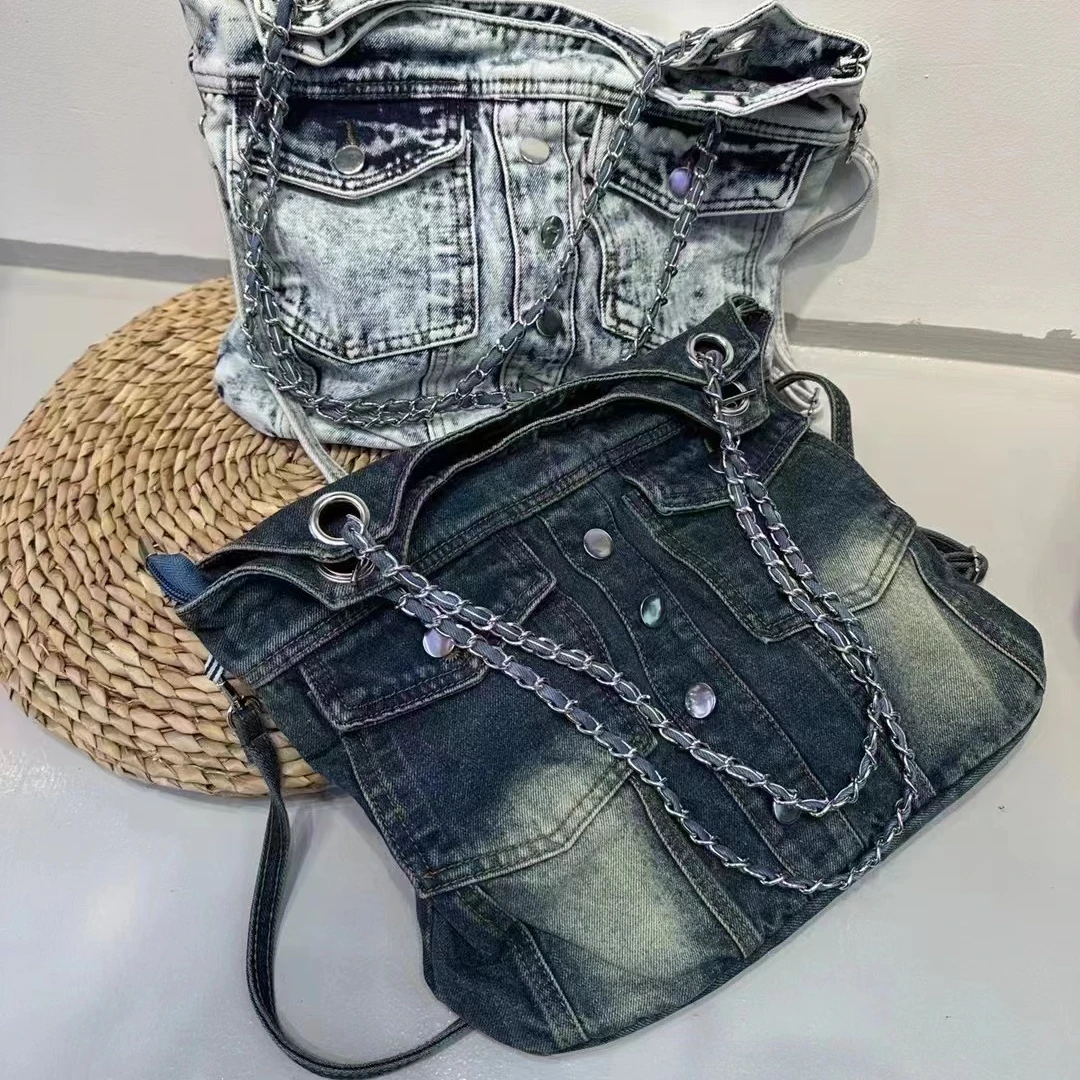 水洗牛仔链条包时尚纽扣单肩斜挎包腋下包