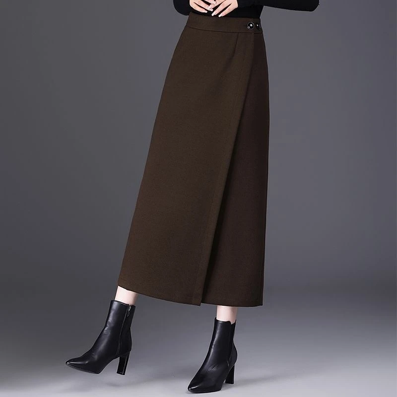 毛呢半身裙女秋冬新款气质长裙一片式别致独特裙子直筒开叉包臀裙