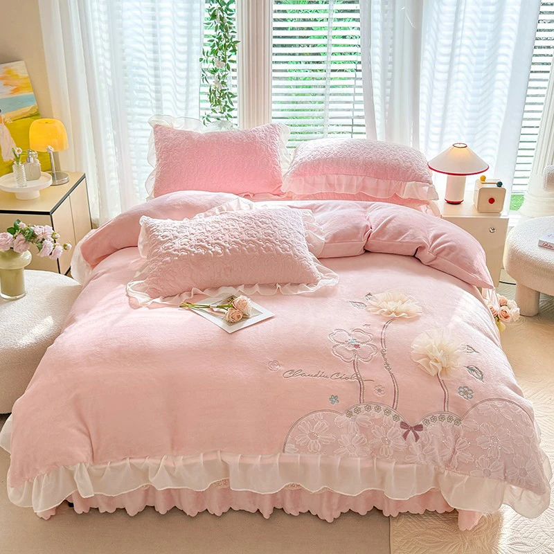 秋冬新款230g11斤重立体花朵全消光牛奶绒床盖四件套韩版公主风