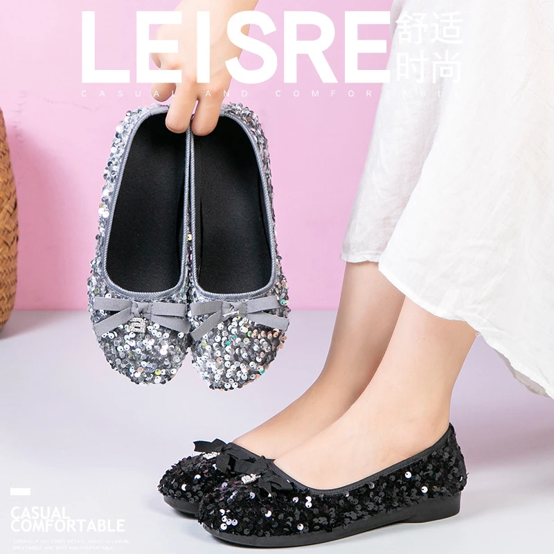 2025新款女士休闲鞋亮片平底豆豆鞋时尚软底妈妈鞋开车防滑工作鞋