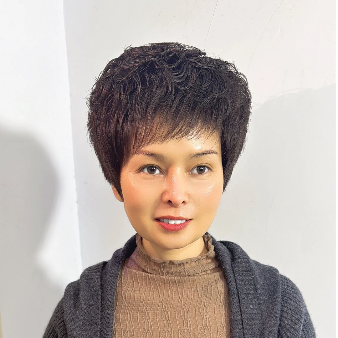假发全真人发短发假发女全手织中老年卷发女士妈妈款自然头套