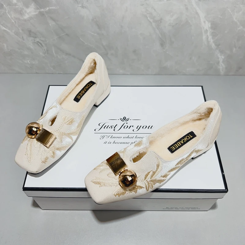 国风新中式方头粗跟单鞋女秋冬毛毛鞋复古低跟棉鞋大码软底奶奶鞋