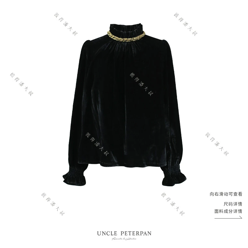《方圆几里》法式复古重工亮片丝绒宽松长袖上衣彼得潘大叔