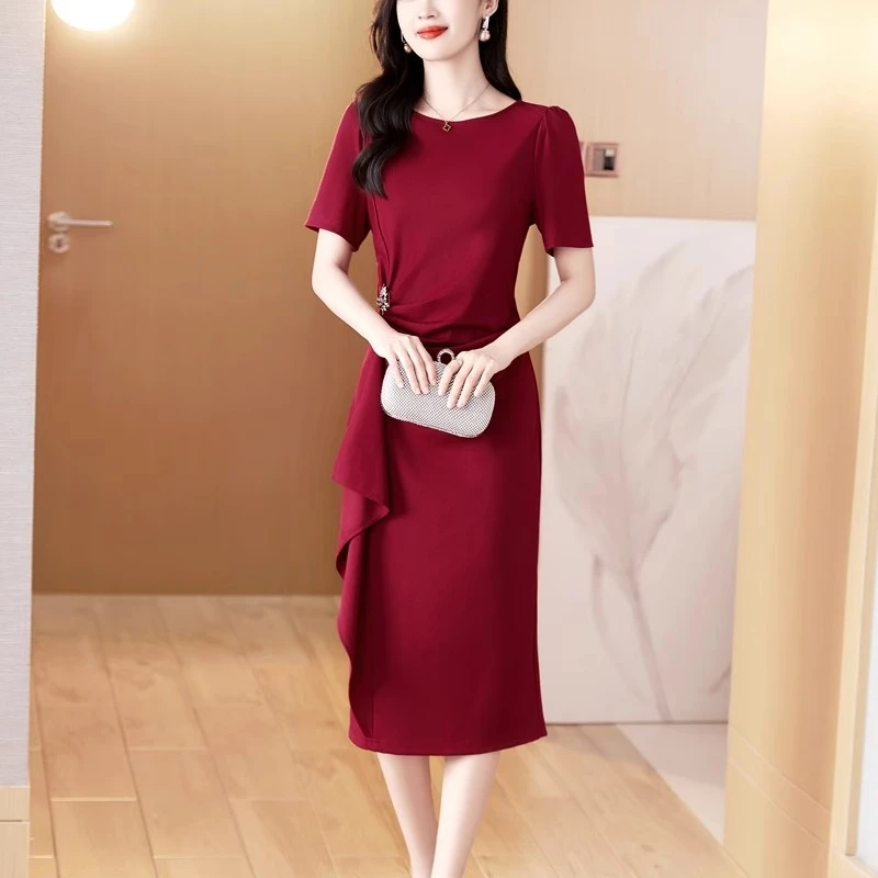 酒红晚小礼服连衣裙女2024夏季新款收腰名媛气质喜婆婆妈妈婚宴装