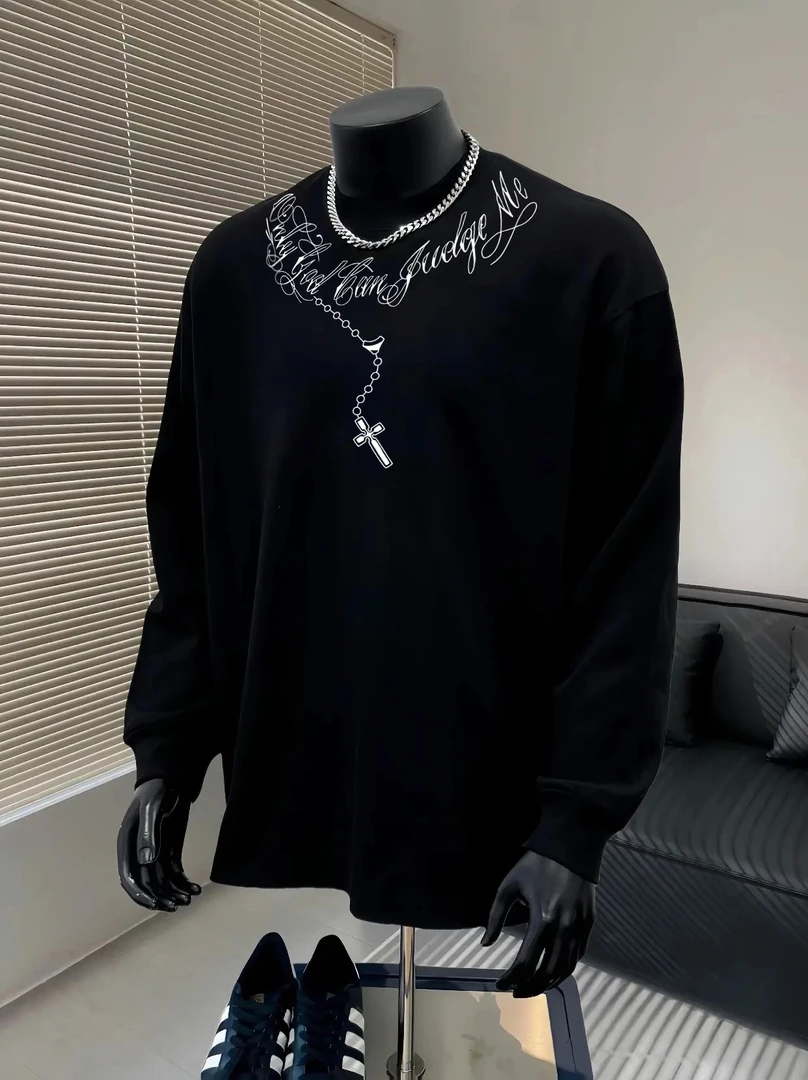 美式潮流圆领纯棉长袖T恤秋季小众抽象字母十字上衣内搭打底衫