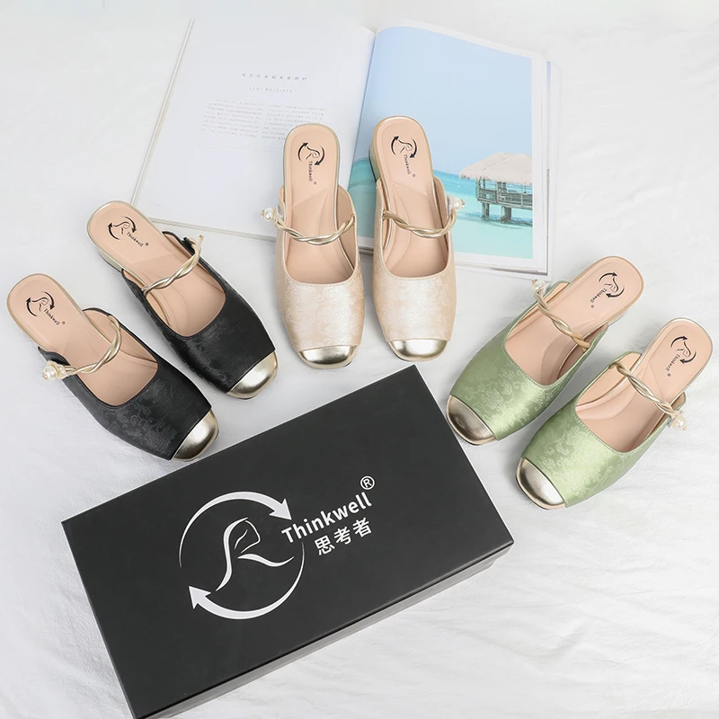 半拖包头凉鞋女2024新款粗跟时尚百搭外穿拖鞋国风款搭裙夏季女鞋