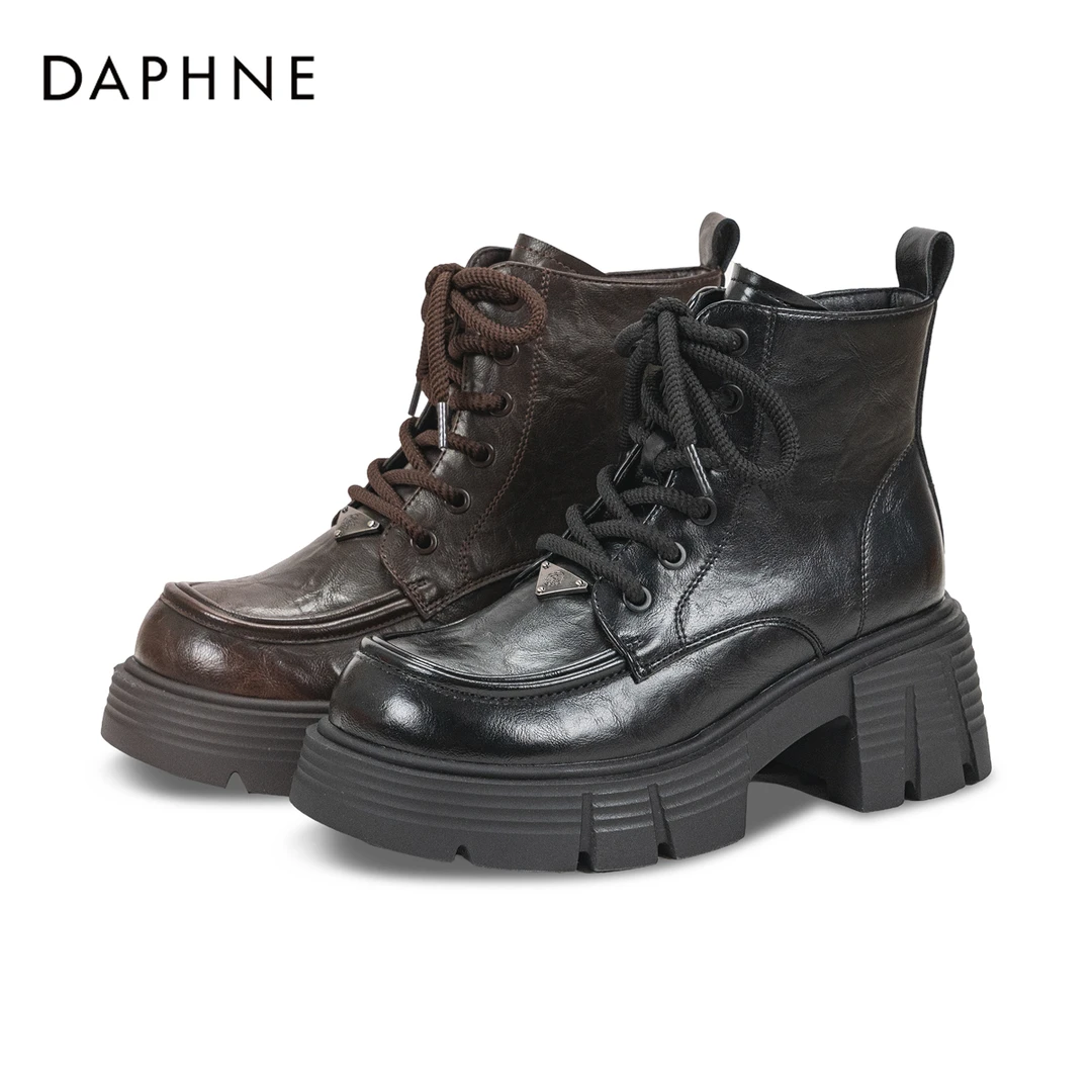 达芙妮秋上新真皮时装马丁靴厚底圆头英伦风百搭复古粗跟系带短靴