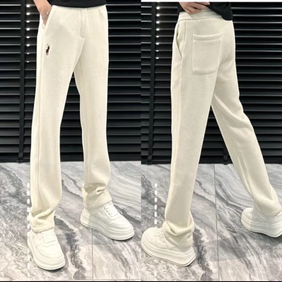 轻奢休闲裤直筒时尚百搭条纹垂感白色针织宽松潮流男士运动夏季